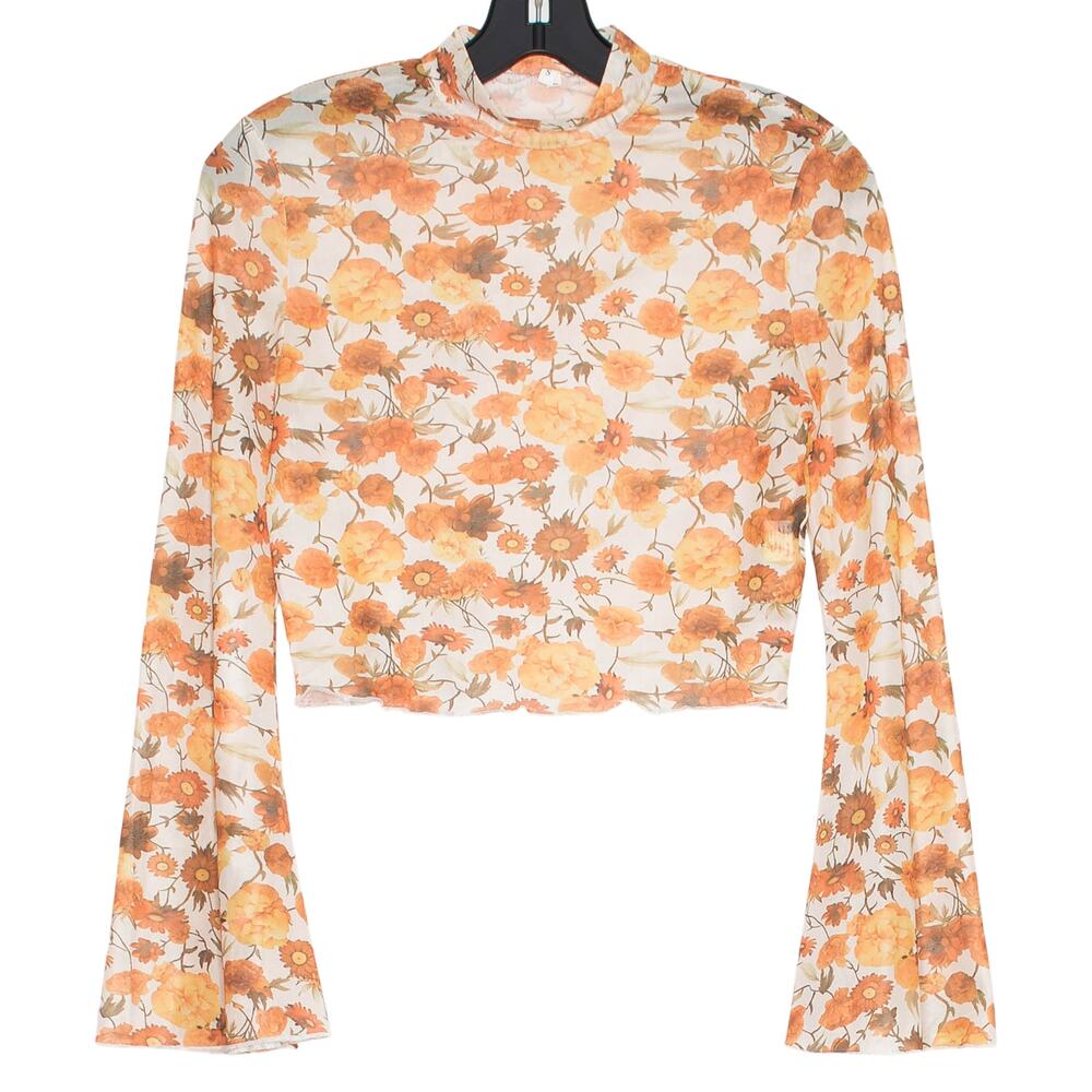 Y2K Fairycore‎ Crop Top Mesh Floral Orange Bell Sleeve Lettuce Hem Cottagecore S
